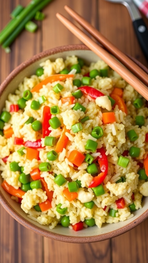 A bowl of cauliflower fried rice with peas, carrots, and bell peppers, garnished with green onions, served with chopsticks.